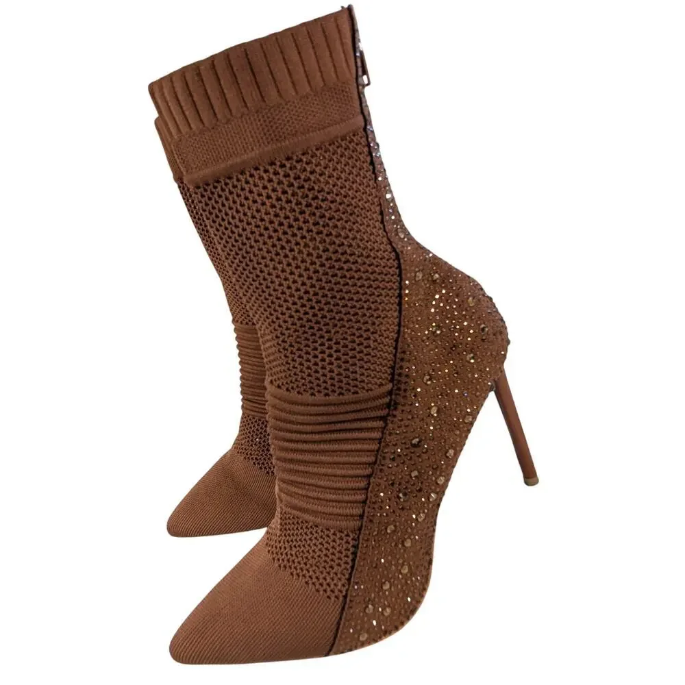 NWOT! ROUGE HELIUM! LUXE BROWN KNIT ELASTIC FITTED STILETTO ANKLE BOOTS! SZ 10M